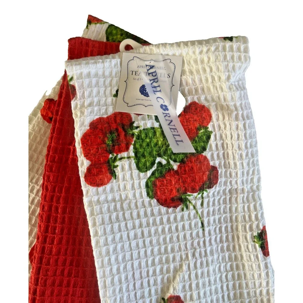 April Cornell Strawberries Kitchen Dish Towels Set of 3 Waffle Weave White Red